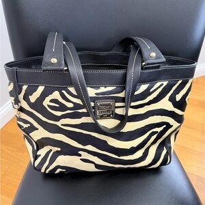 Vintage Dooney & Bourke Zebra Print Tote Bag Coated Canvas Leather Trim Red Int